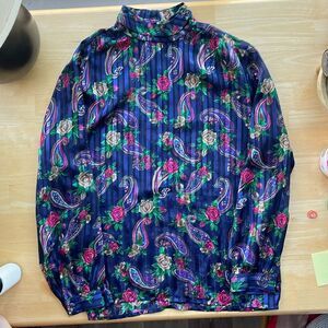 Vintage Striped Floral High-neck Blouse Large